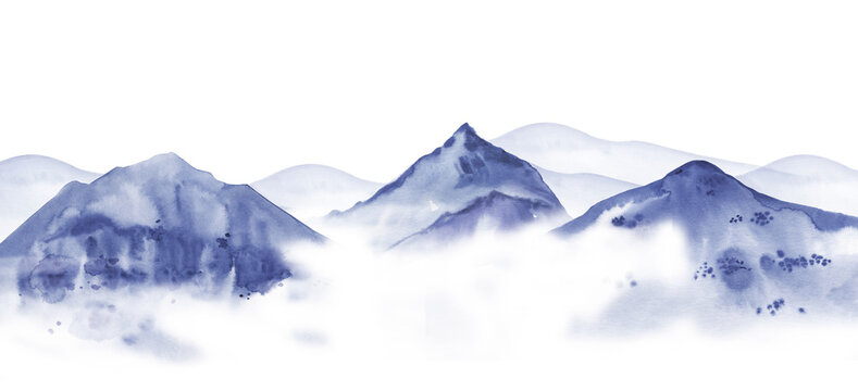 Mountain landscape. Traditional Chinese ink drawing style. Hand drawn watercolor sketch illustration