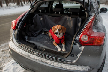 the dog sits in the car on a protective cover