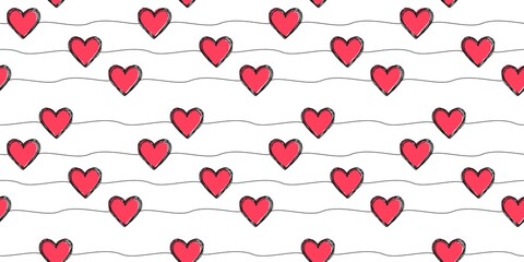 Seamless pattern with scribble hearts and stripes