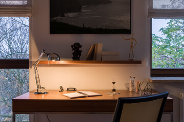 Simple study desk with light on