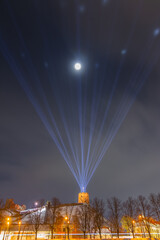 Vilnius, Lithuania - January 25, 2021: Vilnius main symbol, Gediminas castle illuminated for 698 city birthday celebrations