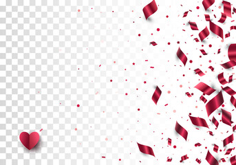 Foil paper confetti scattered on transparent background and red paper cut heart with soft shadow in left corner. Festive vector border. Layered