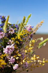 large vertical photo. beautiful multi-colored bouquet of wildflowers against a blue sky. summer time. sunny day