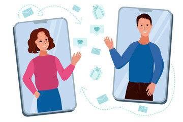 Date in social networks. Cute man and woman wave to each other from smartphone screens, surrounded by symbols of letters, likes, gifts. Love and relationships online. Vector illustration.