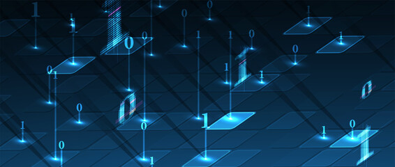 Bytes of binary code run through network. Abstract futuristic technology syberspace