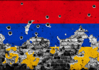 Concept of the Armed Conflict in Armenia with a painted flag on a cracked wall with wholes of bullets. 3D-Illustration. 3D-rendering