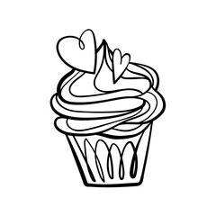 Cupcake for Valentines Day. Cupcake doodle illustration. Hand-drawn vector element with hearts for greeting cards, banners, invitations. Black outline isolated on a white background.