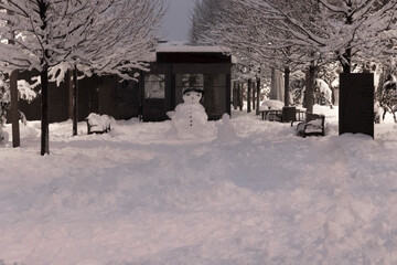 street photography of a totally snowy city center, with snowy trees and establishments in the background, with a natural snowman included