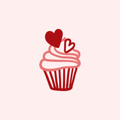 Cupcake for Valentine's Day. Cupcake doodle illustration. Hand-drawn vector element with hearts for greeting cards, banners, invitations. Black outline isolated on a pink background.