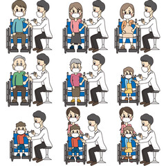 病院で男性の先生のワクチン（予防接種）を受ける車椅子に乗ったマスクをした人のイラストセット