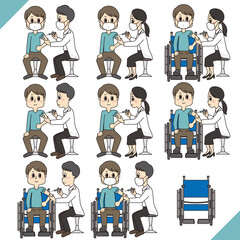 病院でワクチン（予防接種）を受ける若い男性のイラストセット