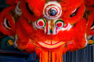 Red Chinese Guangdong traditional lion dance lion head