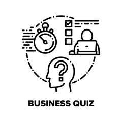 Business Quiz Vector Icon Concept. Businessman Having Question Quiz And Deadline For Solving Task, Searching Answer And Solution In Internet, Man Working With Laptop Black Illustration