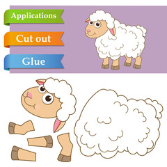 Create paper application the cartoon fun Sheep. Use scissors cut parts of Lamb and glue on the paper. Education logic game for preschool kids to help with cutting, sticking and learning about animals.