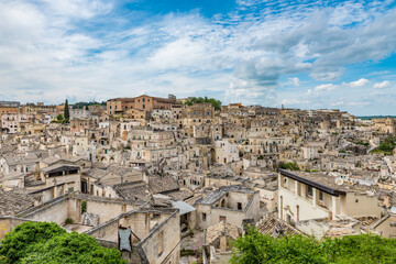 Panoramic view of the Sasso Barisano in Matera, Italy, part of the Sassi and the Park of the Rupestrian Churches of Matera, a UNESCO World Heritage site