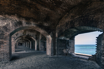Archway in mysterious Fort Jefferson in Dry Tortugas. Corridors in the biggest brick construction in Americas on an island close to Key West.
