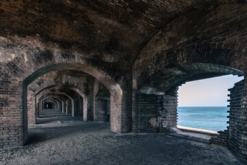 Archway in mysterious Fort Jefferson in Dry Tortugas. Corridors in the biggest brick construction...