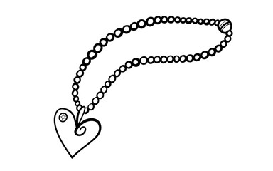Pearl necklace with heart shaped pendant in doodle style. Hand drawn vector illustration in black ink isolated on white background. Great for coloring book.