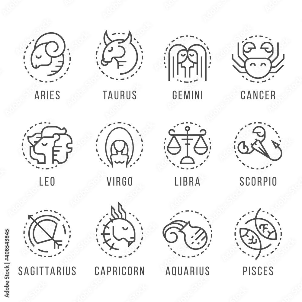 Wall mural 12 horoscope mono line border and dash circle icon collection vector design