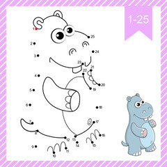 Dot to dot. Hippopotamus. Logic Game and Coloring Page with answer. Connect the dots by numbers and finish draw the cartoon cute Hippo. Education worksheet for kids practicing count numbers to 25.