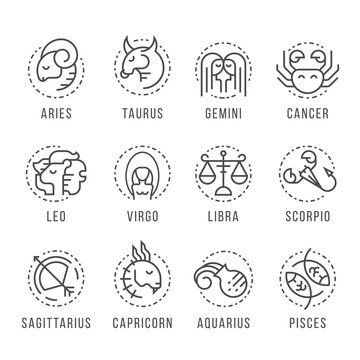 12 horoscope mono line border and dash circle icon collection vector design