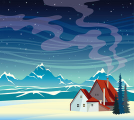 Naklejka premium Winter landscape - mountains, snow and house at night