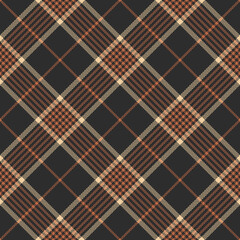 Plaid pattern in brown, orange, beige. Herringbone dark textured seamless tartan check plaid for menswear flannel shirt, womenswear skirt, or other modern classic autumn winter textile print.