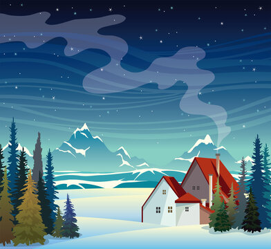 Winter landscape - mountains, snow and house at night