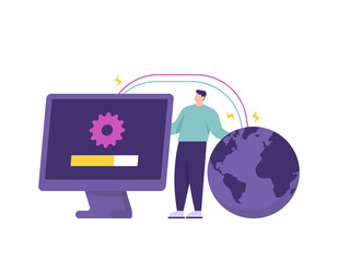 a concept of a professional IT staff, admin and server supervisor. a male employee is connecting a computer to the internet. network repair service. symbol of the earth or globe. flat style. vector