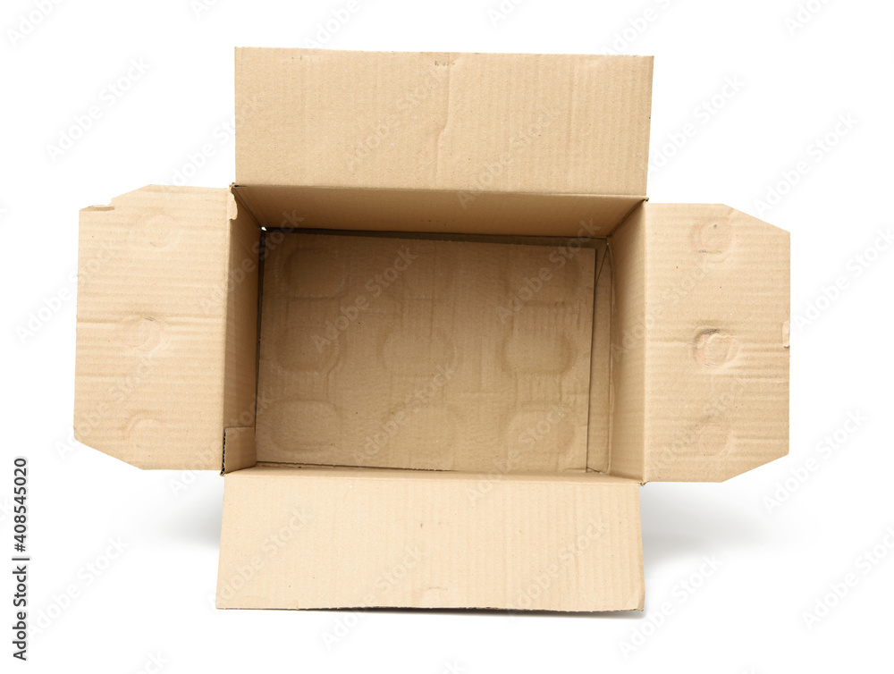 Poster open empty cardboard rectangular box made of corrugated brown paper isolated on a white background