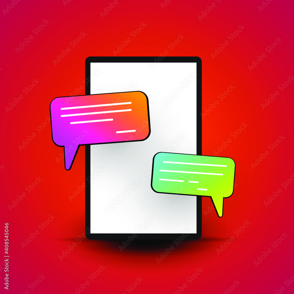 Poster cute gradient chat bubbles on a smartphone isolated on red background. concept of social media messa