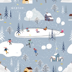 Seamless pattern Winter landscape in small town with people celebrating, Vector cute winter wonderland in the village with happy people playing ice skate in the park.