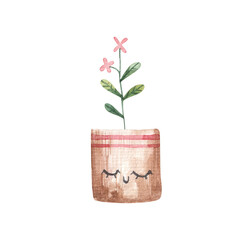home flower, leaves with pink flowers with cute face and eyes, childrens watercolor illustration on white background