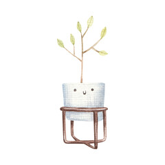 home flower, tree in a scandinavian flowerpot with a cute face and eyes, childrens watercolor illustration on a white background