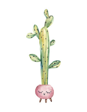 home flower, tall cactus with a flowerpot with a cute face, childrens watercolor illustration on a white background
