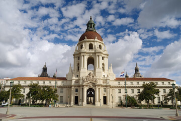 Fototapeta na wymiar Image of the Pasadena City Hall against beautiful clouds and blue sky. Pasadena is located in Los Angeles County, California.