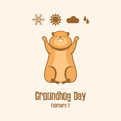 Groundhog Day Poster with a marmot predicting the weather vector. Weather forecast with marmot vector. Woodchuck and weather symbols vector. February 2, Important day