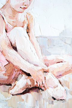 Fragment of the picture where a little ballerina with curly hair sits and fastens pointe shoes on a white background. Oil painting, palette knife technique and brush.