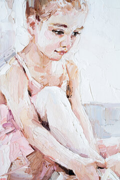 Fragment of the picture where a little ballerina with curly hair sits and fastens pointe shoes on a white background. Oil painting, palette knife technique and brush.