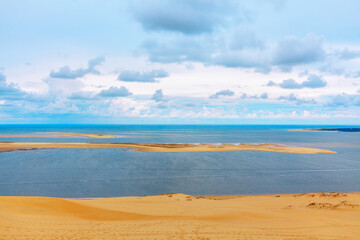 Sandy Coast of Atlantic Ocean . Landscape with islands in the bay  .  Natural feature Dune of Pilat