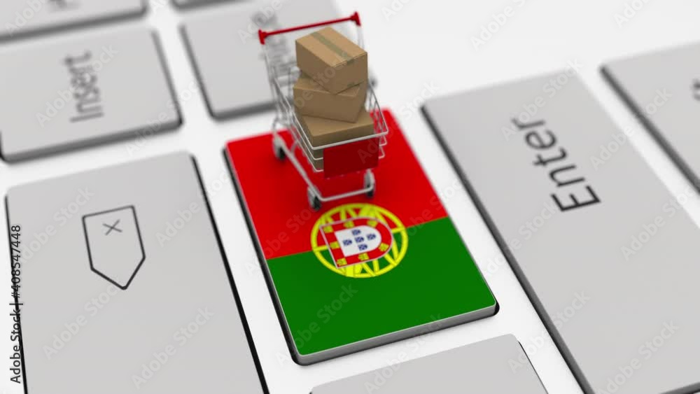 Poster keyboard key with flag of portugal and shopping cart with boxes. online shopping related looping 3d 