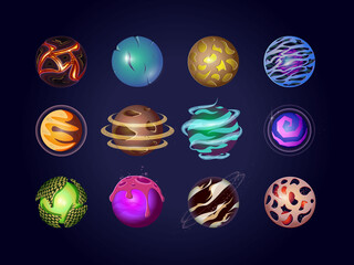 Fantasy colorful planets set. Cartoon planets vector cute set Space objects - sun, moon, mars, mercury, earth.