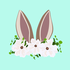 Easter bunny ears and composition with delicate flowers and eucalyptus leaves. Cute vector illustration for greeting card, decor, souvenirs