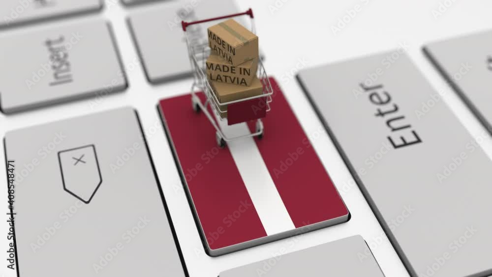 Poster boxes with made in latvia text and shopping cart on the keyboard. conceptual looping 3d animation