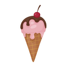 Ice cream flat vector illustration in cartoon style. Pink ball of melting ice cream in a waffle cone. Dark chocolate and ripe cherry on top. A favorite tasty dessert