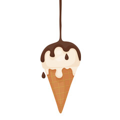Ice cream flat vector illustration in cartoon style. A ball of melting ice cream in a waffle cone. Chocolate syrup poured on top. Favorite tasty sweet dessert