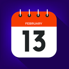 February day 13. Number thirteen on a white paper with orange color border on purple background vector.