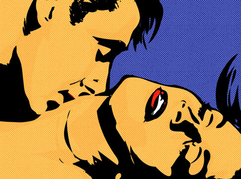 pop art couple homme baiser cou femme