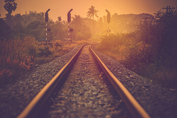 Retro traditional railway in Thailand. Vintage filter