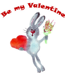 Watercolor illustration of a loving bunny with a bouquet and a heart in its paws. Be my Valentine Inscription at the top.